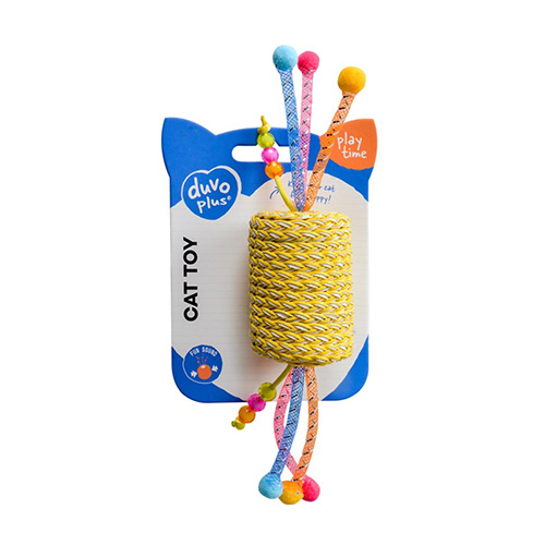JOUET CHAT rouleau jaune + corde
